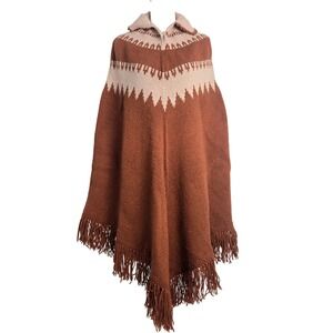 Vintage OS 1970s Wool Knit Orange Pullover Poncho Fringed Collar Oversized Front